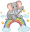 An elephant on a vibrant rainbow with stars