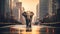 An elephant walks down the street in front of tall buildings, AI
