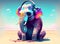 Elephant wearing a headphone enjoying the sun at the beach on sososity, Generative AI