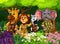 Elephant, Zebra, Lion, And Girrafe In Forest  With Trees And Flowers Cartoon
