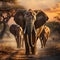 Elephants in Africa. Big animal in the old forest, evening light, sun set. Magic wildlife scene in nature. African elephant in