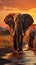 Elephants in Amboseli National Park, Africa, crossing Olifant River at dusk