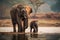 Elephants in Chobe National Park, Botswana, Africa, A baby elephant walking along the riverbank with its mother, AI Generated