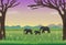 Elephants family in meadow. Nature landscape background