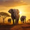 Elephants in fores with sunset background. generative AI