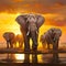Elephants in fores with sunset background. generative AI