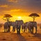 Elephants in fores with sunset background. generative AI
