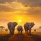 Elephants in fores with sunset background. generative AI