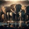 Elephants gathering at a waterhole during a scorching afternoon