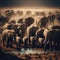 Elephants gathering at a waterhole during a scorching afternoon