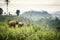elephants grazing on a hillside with jungle backdrop