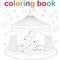 Elephants play with a ball in a circus tent. Coloring book page template for children