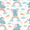 Elephants on rainbow seamless pattern. Magic animal print for kid nursery. Baby elephant in sky with clouds, stars and