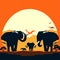 Elephants in the savanna at sunset. Vector illustration. generative AI