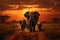 Elephants in the savannah at sunset - 3D render, Herd of elephants in the savanna at sunset, AI Generated