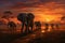 Elephants in the savannah at sunset. 3d render, Herd of elephants in the savanna at sunset, AI Generated