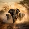 Elephants stampede in the dust.