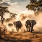 Elephants stampede in the dust.