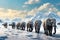 Elephants walking under snowflakes with clouds shaped like hats. Generative AI