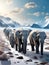 Elephants walking under snowflakes with clouds shaped like hats. Generative AI