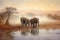 elephants in waterhole with dust clouds