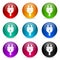 Eletricity, energy, power, plug vector icons, set of colorful glossy 3d rendering ball buttons in 9 color options
