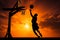 Elevated basketball player silhouette highlights an astounding mid air jump