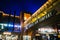 Elevated bridge and shops in Cannery Row at night