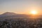 Elevated cityscape view of the city of Prizren, Kosovo, during sunset on a summer day.