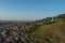 Elevated cityscape view of the city of Prizren, Kosovo, during sunset on a summer day.