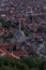 Elevated cityscape view of the city of Prizren, Kosovo, during sunset on a summer day.