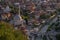 Elevated cityscape view of the city of Prizren, Kosovo, during sunset on a summer day.