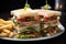 Elevated dining club sandwich displayed on a stylish black surface