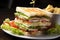 Elevated dining club sandwich displayed on a stylish black surface
