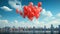 Elevated Dreams: Red Balloons Soaring Above the Blurry Urban Skyline