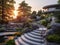 Elevated elegance: stone terraces and modern railings meet nature\\\'s cascade