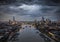 Elevated, moody view to the illuminated skyline of London, United Kingdom