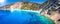 Elevated, panoramic view to the beautiful Myrtos beach. Kefalonia, Greece