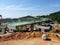 An elevated road is under construction. Reinforced concrete is used for the structure.