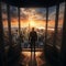 Elevated success Businessman celebrates on stair by keyhole door, city skyline sunrise