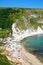 Elevated view of the beach at Lulworth Cove.