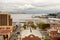 Elevated view of city buildings of Hobart, capital city of Tasmania, looking towards the Derwent River