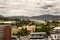 Elevated view of city buildings of Hobart, capital city of Tasmania, looking towards the Derwent River