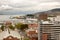 Elevated view of city buildings of Hobart, capital city of Tasmania, looking towards the Derwent River