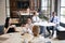 Elevated view of colleagues relaxing at their office cafe