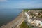 Elevated view Criccieth North Wales UK historic coastal town in summer with blue sky on a beautiful day