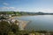 Elevated view Criccieth North Wales UK historic coastal town in summer with blue sky on a beautiful day