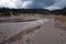 Elevated walkway leading to Firehole Lake in the Lower Geyser Basin in Yellowstone National Park in Wyoming USA