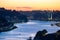 Elevated wide shot of Bairro da Ribeira in Porto during a beautiful twilight