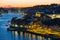 Elevated wide shot of Bairro da Ribeira in Porto during a beautiful twilight